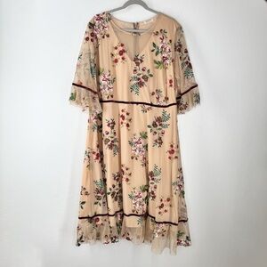 Kiyonna Tan Mesh Embroidered Floral Lined Dress Women’s Size 3X